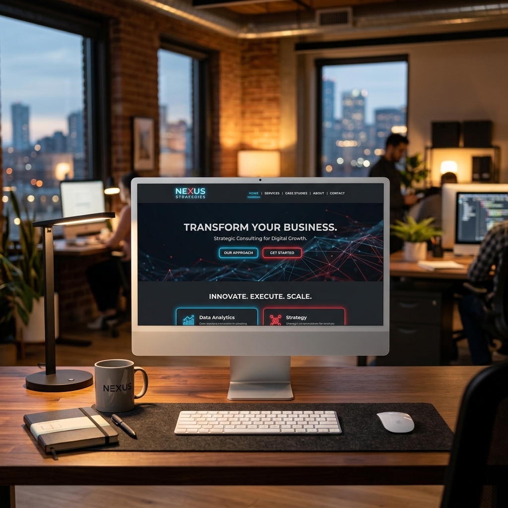Work Office Desk with Desktop Computer displaying Website