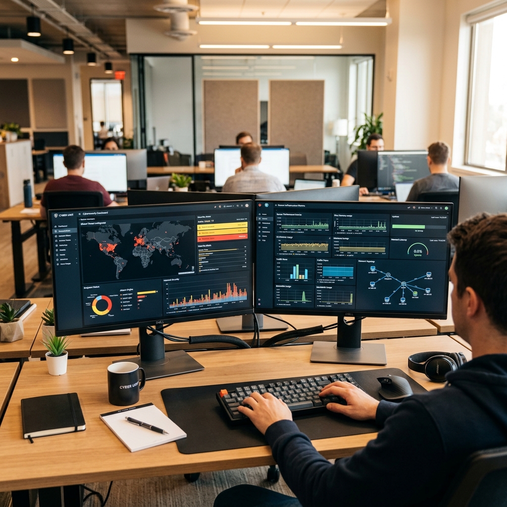 Corporate Workstation displaying IT Infrastructure & Cybersecurity Monitoring