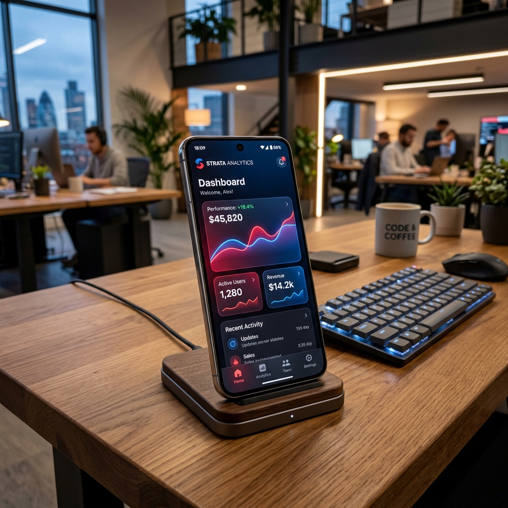 Tech Desk with Smartphone displaying Mobile Application UI