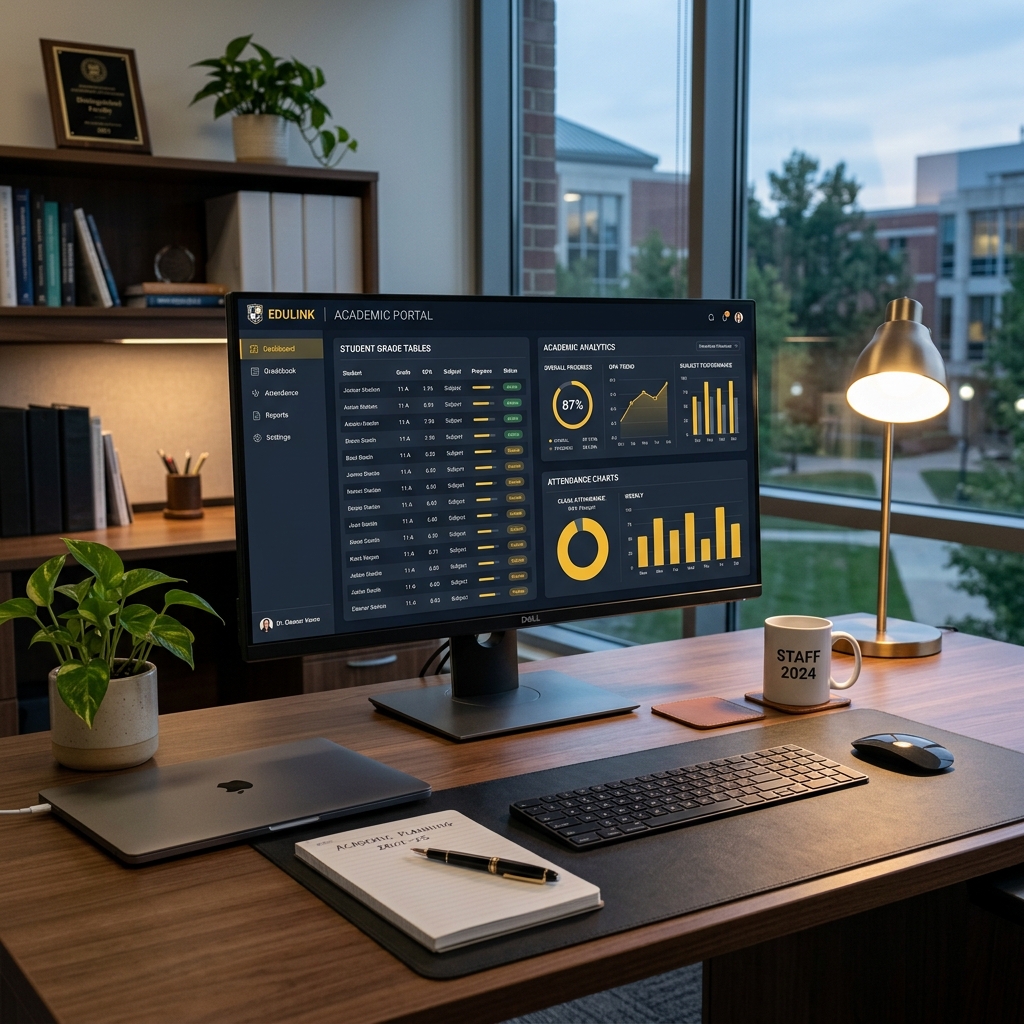 Executive Office Desk displaying School Portal UI